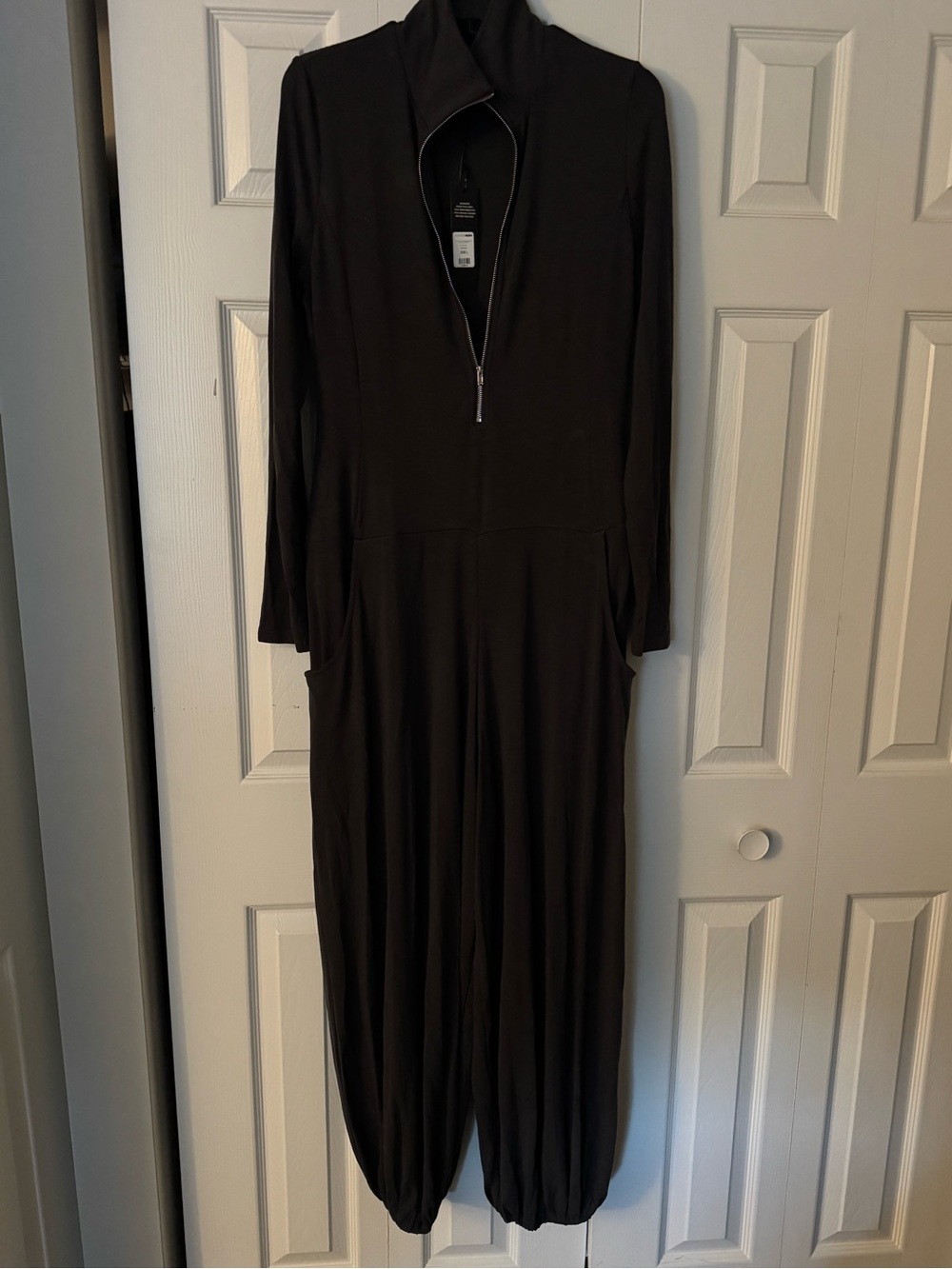 Fashion Nova Charcoal Long-Sleeve Jumpsuit with Zip Neck